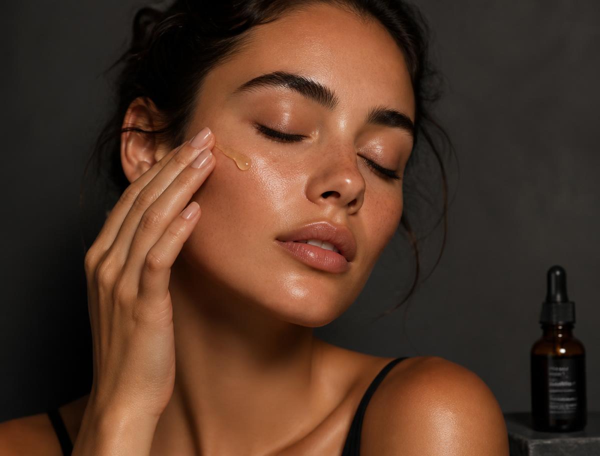 Mujer aplicando una gota de aceite de ricino en su rostro